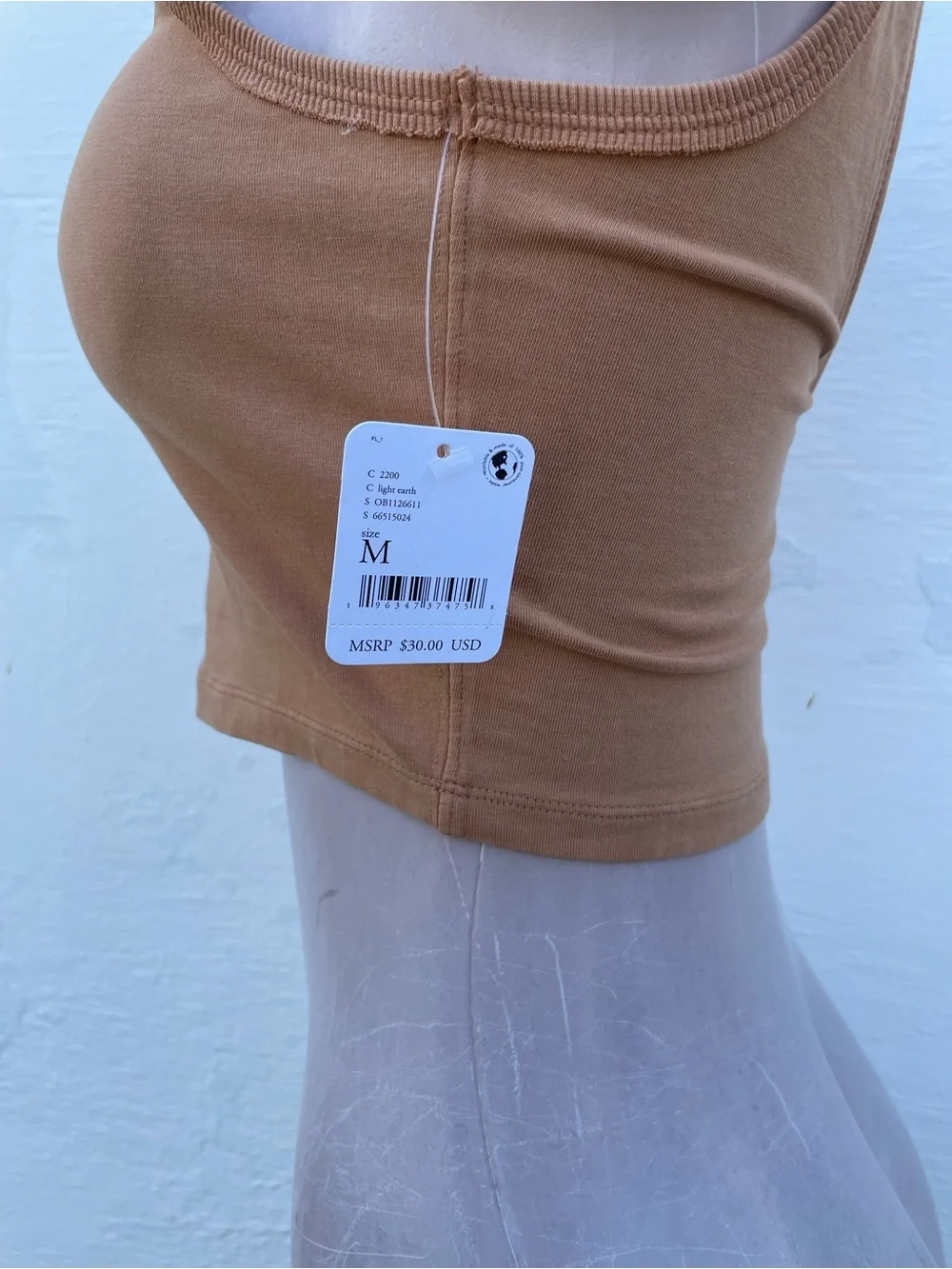 Free People Brown Ribbed Crop Tank with White Floral Detail